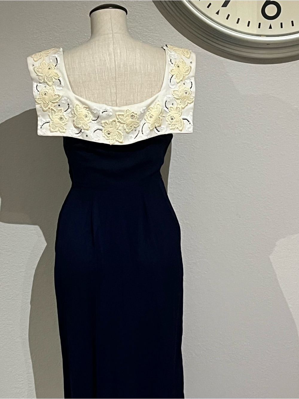 Vintage Navy Midi Dress with Ivory Embroidered Yoke - Picture 3 of 5